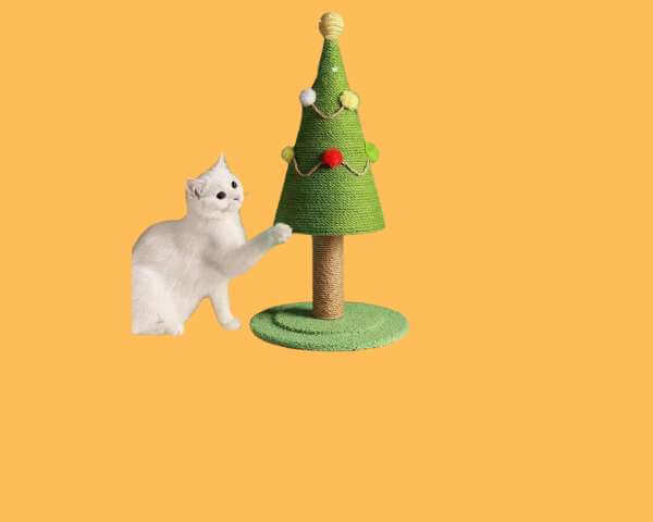 Weihnachten: Kätzchen spielt mit einem festlichen Weihnachtsbaum-Spielzeug.