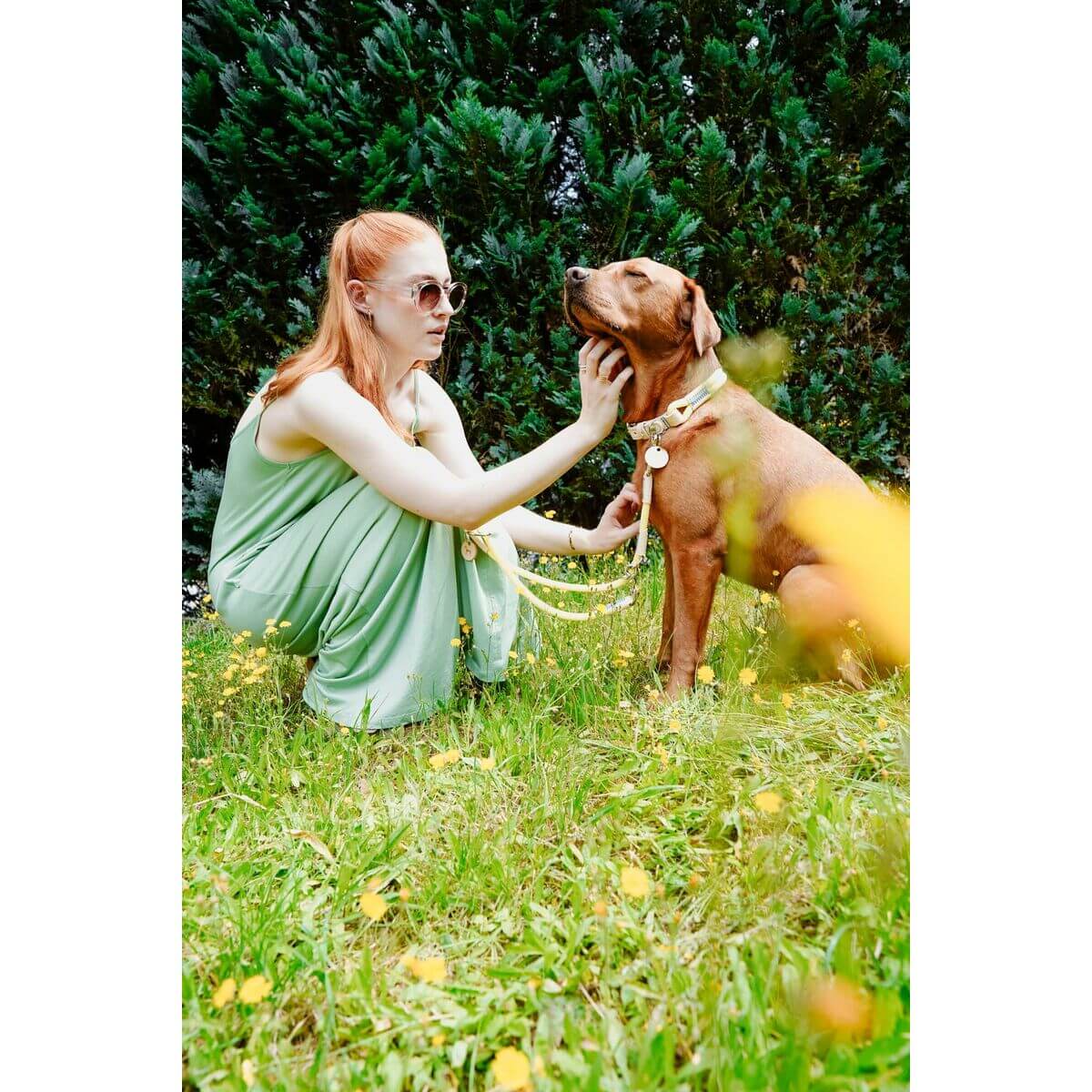 Hundehalsband Hunter Malia Neongrün 50-59 cm an einem Hund, der mit einer Frau im Gras spielt.