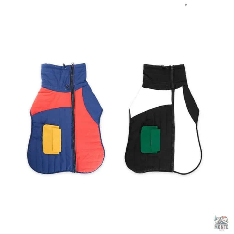 Warmer Hunde-Wintermantel in Blau-Rot und Schwarz-Weiß von MONTE PETS, ideal für kalte Tage.
