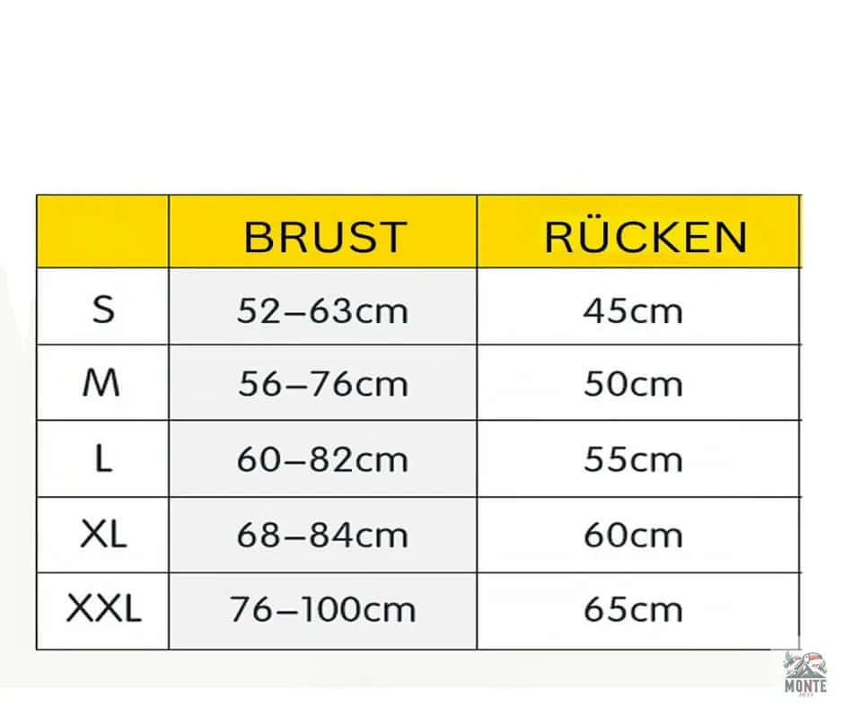 Größentabelle für den warmer Hunde-Wintermantel von MONTE PETS mit Brust- und Rückenmaßen.