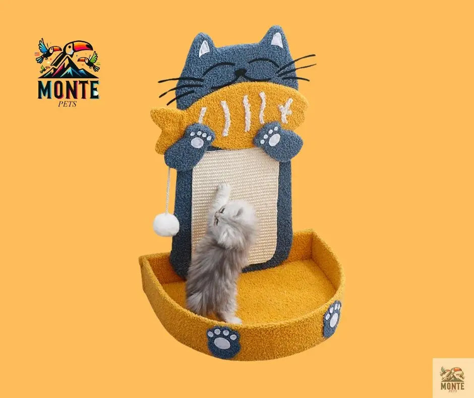 Katzenkratzbrett mit Bett Fischkatze Komfort Blau-Gelb | MONTE PETS