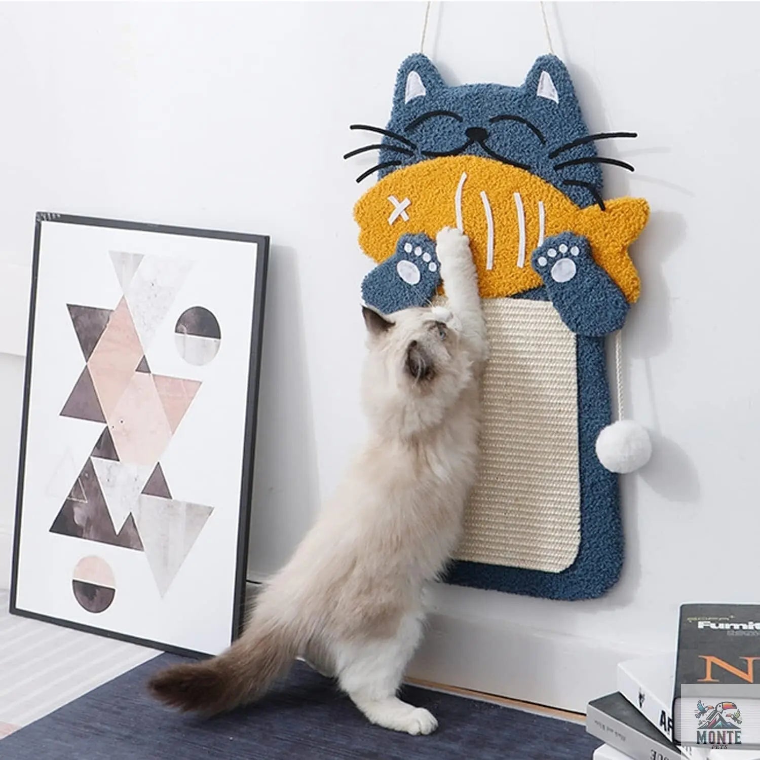 Katzenkratzbrett mit Bett Fischkatze Komfort Blau-Gelb | MONTE PETS