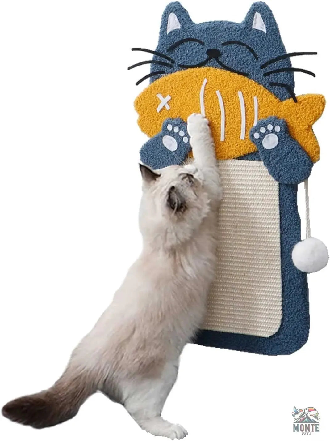 Katzenkratzbrett mit Bett Fischkatze Komfort Blau-Gelb | MONTE PETS