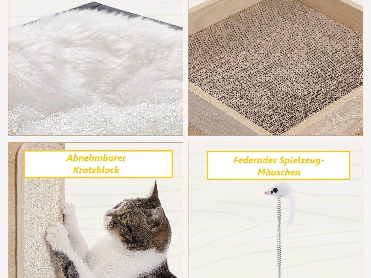 Katzenmöbel ScandiLounge Holzoptik mit abnehmbarem Kratzblock und federndem Spielzeug-Mäuschen.