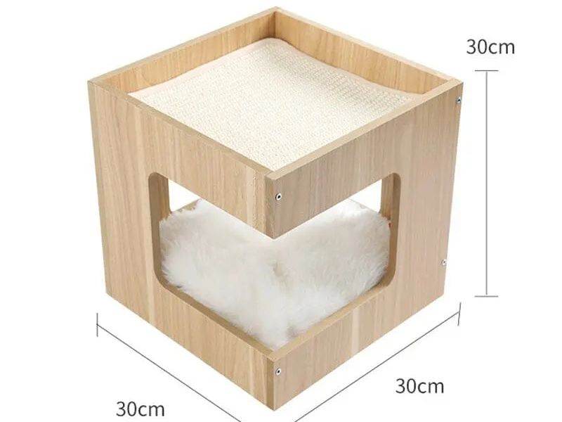 Katzenmöbel ScandiLounge Holzoptik mit weichem Kissen und Kratzfläche, 30x30x30 cm für komfortable Entspannung.
