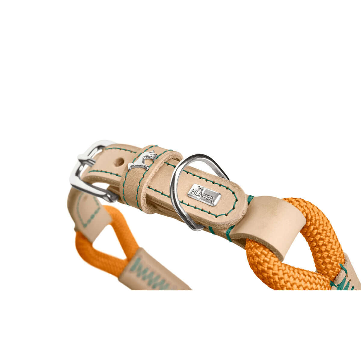 Hundehalsband Hunter MALIA Orange Detailansicht mit Leder und orangefarbenem Material