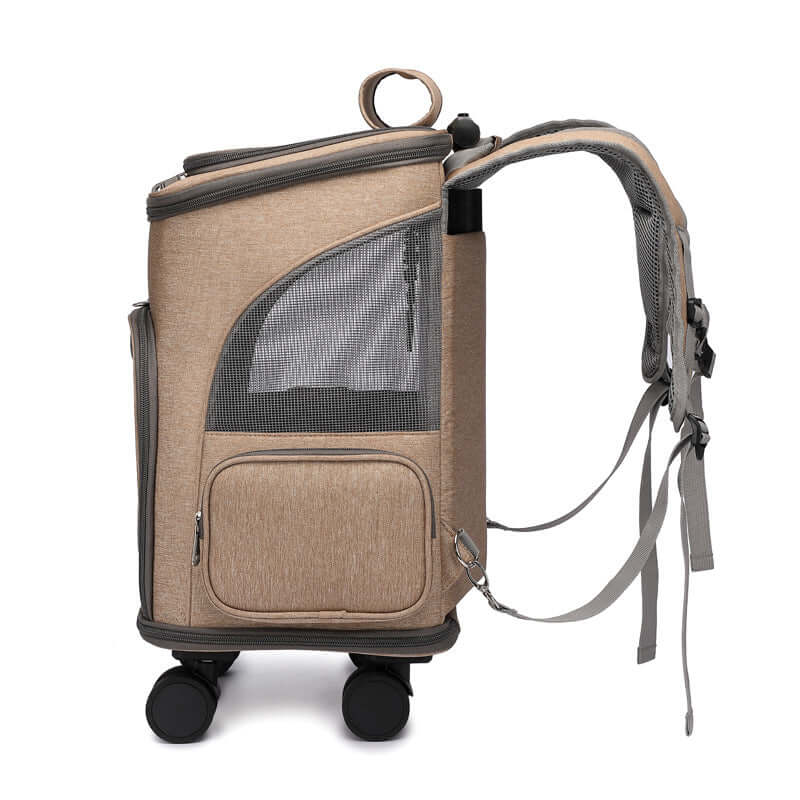 Praktischer Hunter Trolley Rucksack in beige mit Rollen und Mesh-Fenstern für Haustiere
