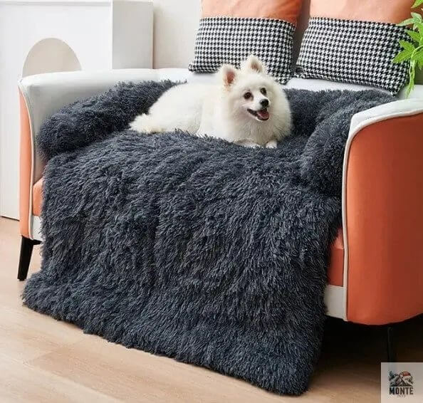 Hund Couch Wohlfühl Oase Grau mit einem glücklichen Hund auf einem bequemen Sofa von MONTE PETS.